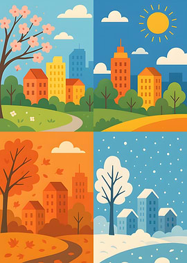 Four Seasons Cityscape Illustration