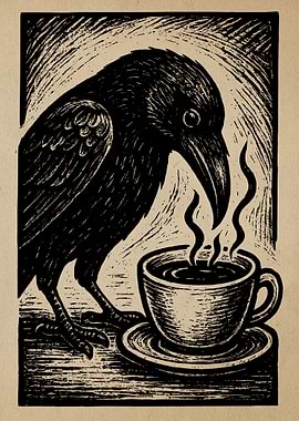 Raven with Coffee Cup Woodcut Print