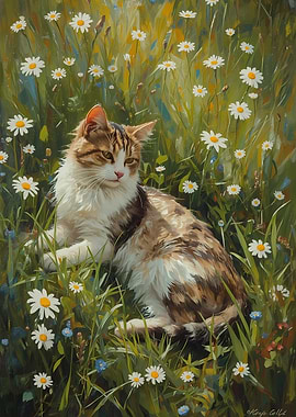 Cat in a field of daisies