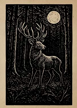 Deer in Forest Under Moonlight Art
