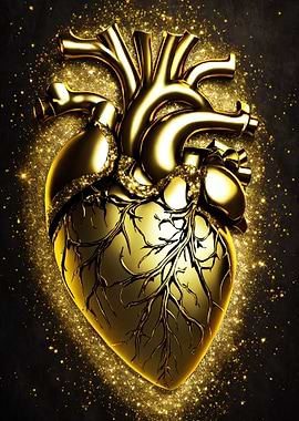 Golden Anatomical Heart with Glittering Sparkles