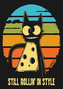 Cat with Pizza Slice Retro Design