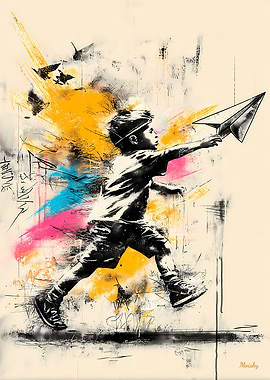 Urban Dreams – Boy with Paper Plane Street Art Poster