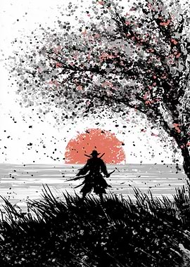 Samurai Silhouette Under Cherry Blossom Tree