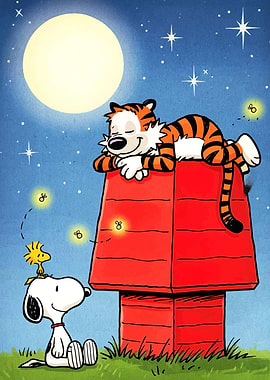 Snoopy, Woodstock, and Hobbes under moonlight