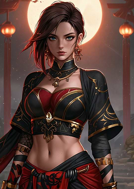 Asian Warrior Woman under Moonlight