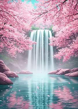 Waterfall and Cherry Blossoms Landscape