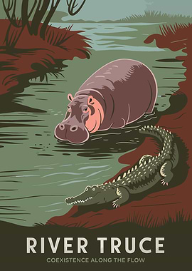 River Truce: Hippo and Crocodile Art