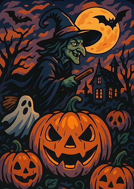 Halloween Night with Witch and Pumpkins