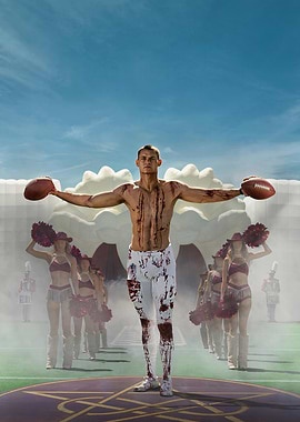 Football Player with Cheerleaders and Band