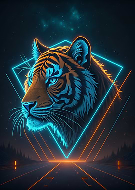 Neon Tiger Portrait on Futuristic Road