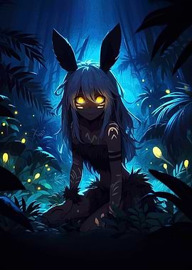 Anime Girl with Bunny Ears in Jungle