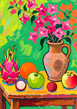 Vibrant Still Life with Flowers and Fruit