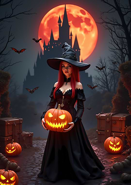 Halloween Witch with Pumpkin and Castle