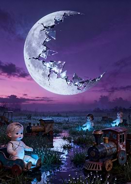 Surreal Landscape with Dolls and Trains
