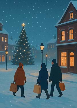Christmas Shopping in Snowy Town Square