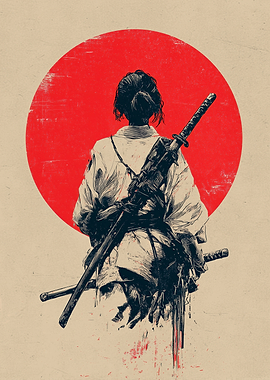 Samurai Woman with Swords and Red Sun