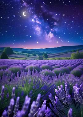 Lavender Field Under Starry Night Sky
