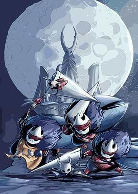 Hollow Knight characters under the moon