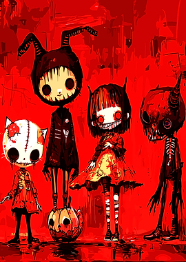 Creepy Halloween Characters in Red