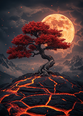 Red Tree on Lava Field