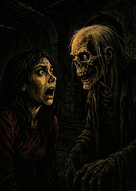 Woman terrified by a zombie