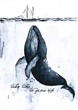 Whale and Ship Watercolor Art