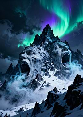 Screaming Mountain Faces with Aurora Borealis