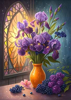 Still Life Floral Purple Iris with Blueberries