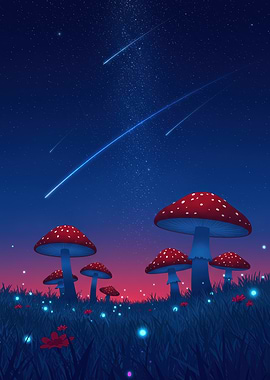 Magical Mushroom Meadow Under Shooting Stars