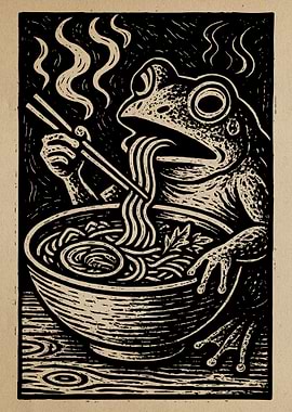 Frog Eating Ramen Woodcut Illustration