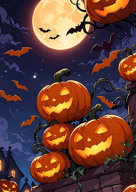Halloween Night with Pumpkins and Bats