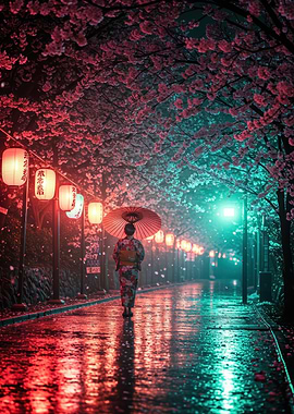 Woman in Kimono Under Cherry Blossoms