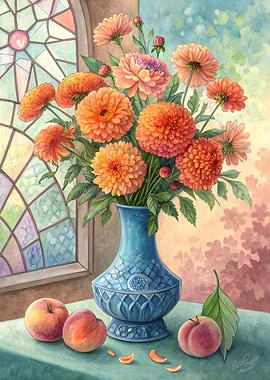 Still Life Floral Orange Peach Dahlias with Peaches