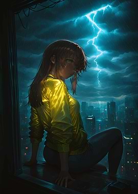 Anime Girl in Stormy Cityscape