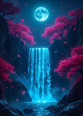 Mystical Waterfall with Cherry Blossoms