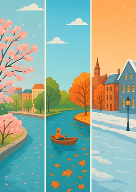 Four Seasons River Landscape Illustration