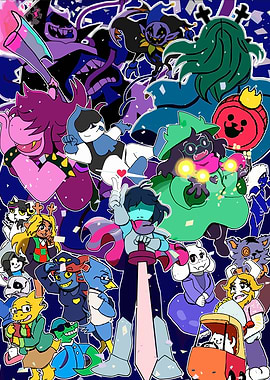Deltarune characters collage on blue background