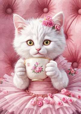 Elegant Cat with Tea Cup
