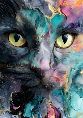 Abstract Cat Portrait with Gold Accents