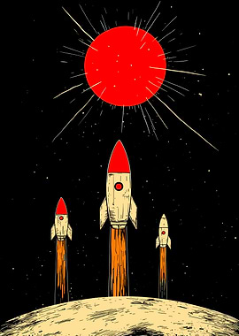 Retro Rockets Launching to Red Sun