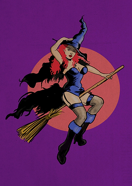 Witch Season? It's spooky season- Pin-up Witch Flying on Broomstick