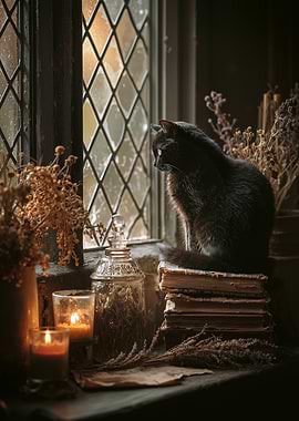 Black Cat by Window with Candles