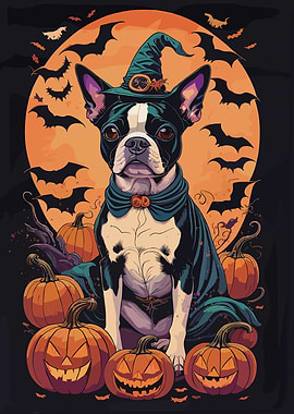 Dog in Witch Hat with Pumpkins