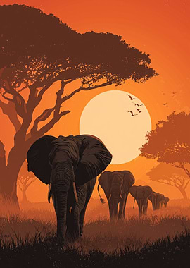 African Elephants at Sunset