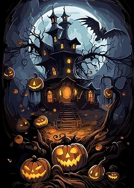 Spooky Halloween Haunted House with Pumpkins