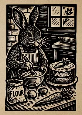 Rabbit Baker Woodcut Illustration