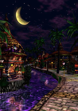 Tropical Village at Night with Crescent Moon