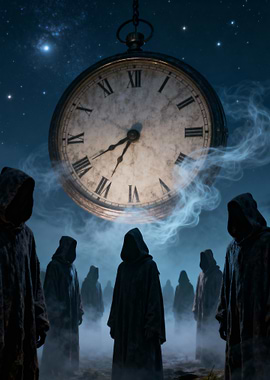 Hooded Figures and Clock in Night