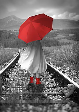 Girl with Red Umbrella on Railroad
